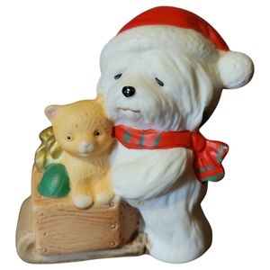 VTG Homco 5254 Dog Pup Kitten Cat Sled Figurine Porcelain Christmas Santa